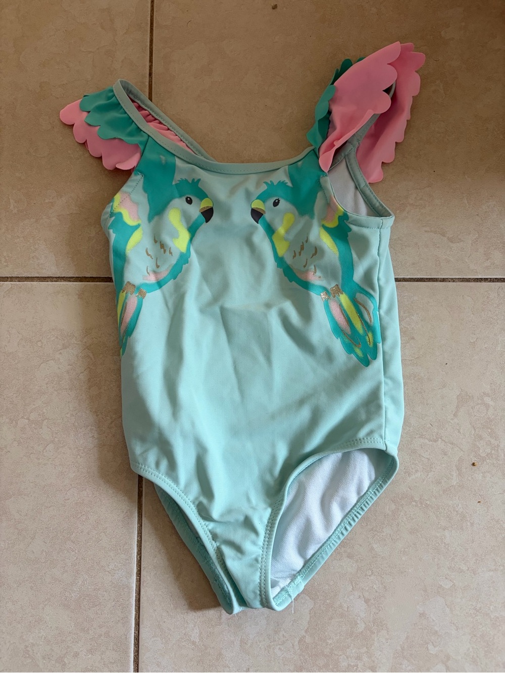 Carters Girls Mint Parrot One-Piece Swimsuit with Pink Ruffle Straps